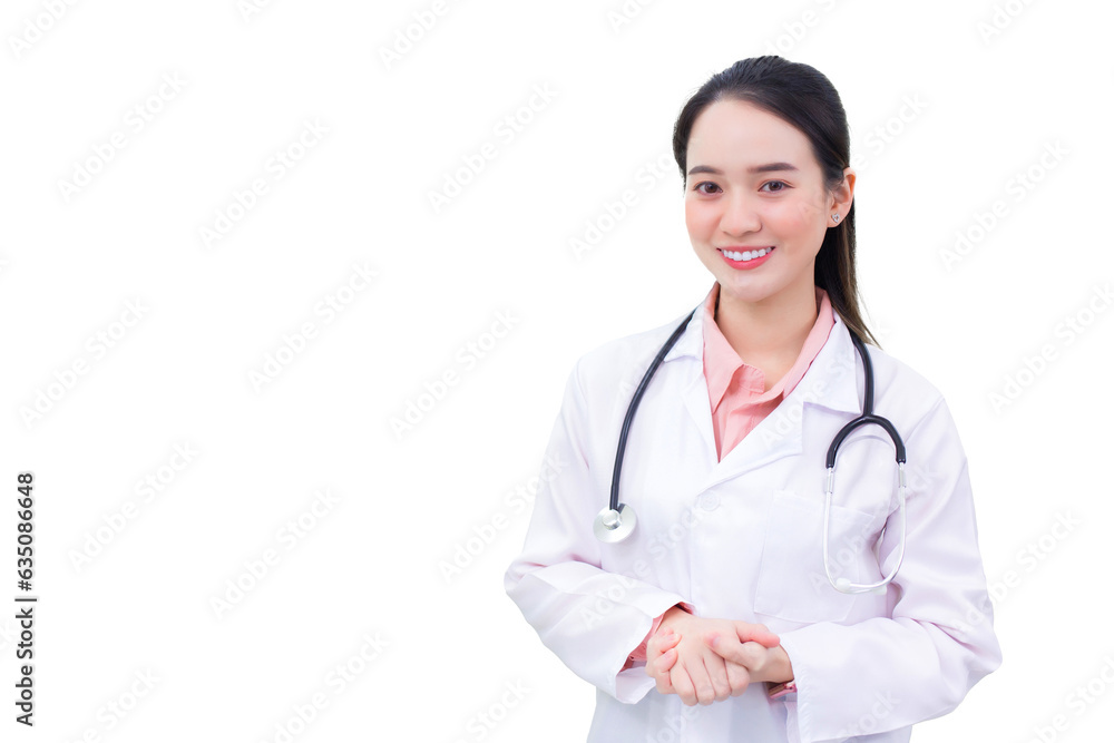 Young professional Asian woman doctor in medical uniform is standing smiling confidently holding hands while working isolated on white background. healthcare concept Young professional Asian woman doctor in medical uniform is standing smiling confidently holding hands while working isolated on white background. healthcare concept