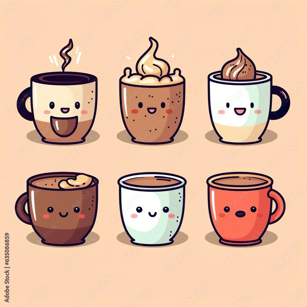 Obraz premium illutration of cute kawai coffee cup collection made with generative ai technology