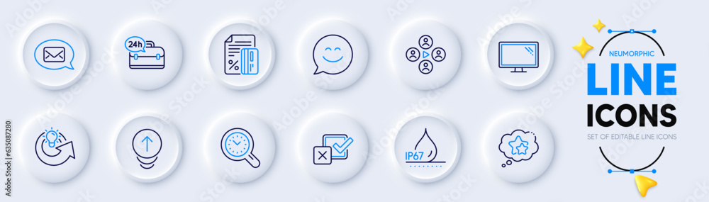 Fototapeta premium Monitor, Checkbox and Share idea line icons for web app. Pack of Smile chat, Swipe up, Ranking stars pictogram icons. Video conference, Messenger, Time management signs. Waterproof. Vector