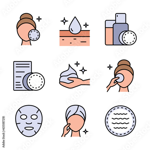 Makeup removal and skin care icons set. Simple flat style. Face, beauty, health, woman, healthy, mask, clean, fresh, girl, cleansing concept. Vector illustration isolated on white background. Aestheti