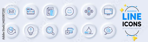 Monitor, Checkbox and Share idea line icons for web app. Pack of Smile chat, Swipe up, Ranking stars pictogram icons. Video conference, Messenger, Time management signs. Waterproof. Vector