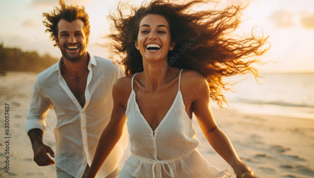 Active bliss. Happy couple embracing health and love, running together on beautiful tropical beach at sunrise, creating unforgettable memories of joyful getaway and connection.