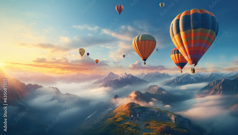 Elevate your adventure. Hot air balloons flying over majestic mountains, a colorful journey of freedom and tranquility in the sky. - obrazy, fototapety, plakaty 