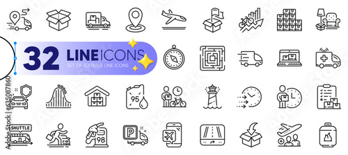 Outline set of Open box, Gps and Delivery time line icons for web with Delivery, Wholesale goods, Car secure thin icon. Bike courier, Shuttle bus, Petrol station pictogram icon. Vector