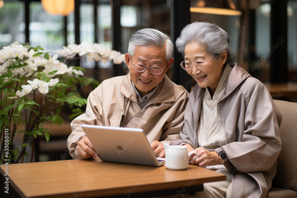 asian senior couple using device asian senior couple using device