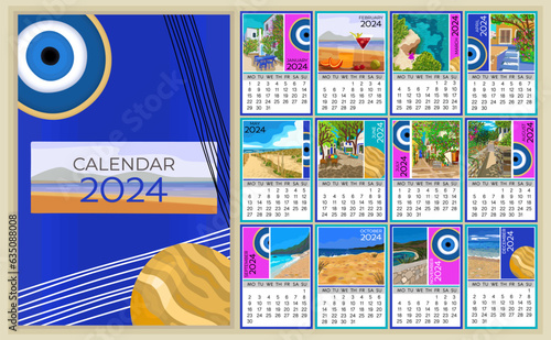 Calendar 2024. Colorful monthly calendar with various southern landscapes. Cover and 12 monthly pages. Week starts on Monday, vector illustration. A4 pages.