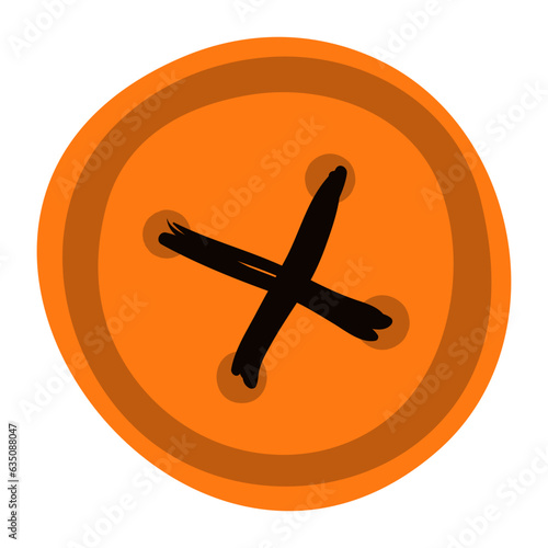 Sewn button, doll eye Halloween costume accessory hand drawn illustration. Cartoon style flat design, isolated vector. Kids seasonal print element, autumn holiday party, cosplay, carnival