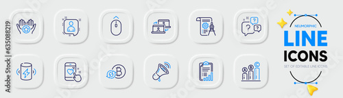 Outsource work, Favorite and Refresh bitcoin line icons for web app. Pack of Megaphone, Swipe up, Developers chat pictogram icons. Charge battery, Heart rating, Graph chart signs. Vector