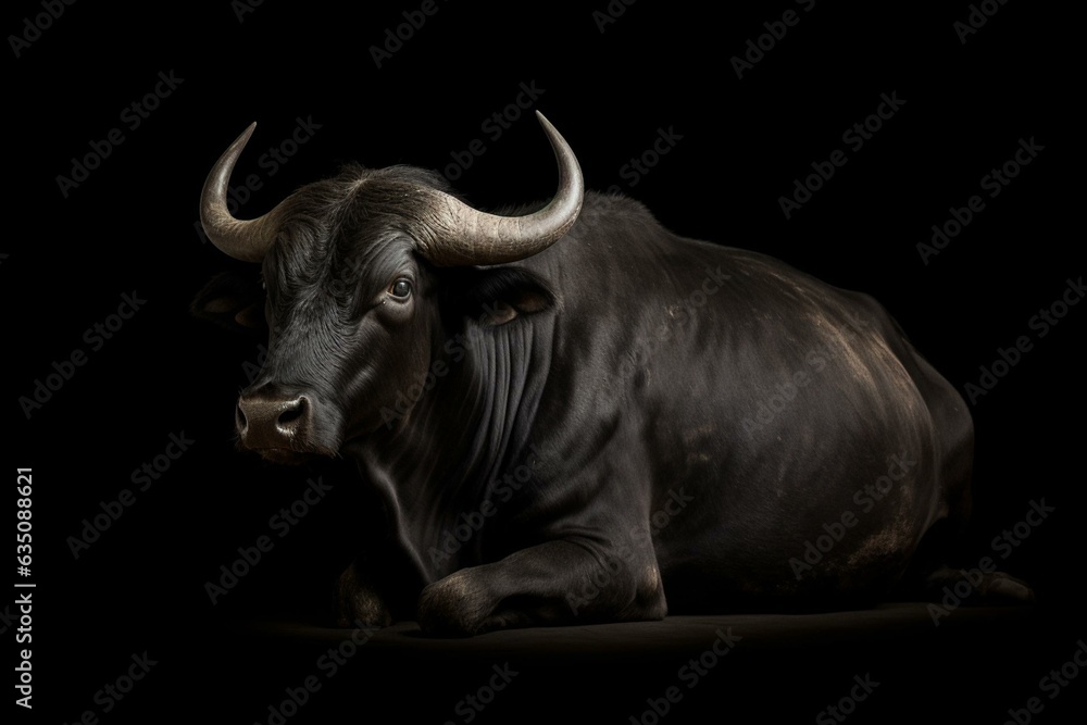 Solitary black bull on plain background. Generative AI