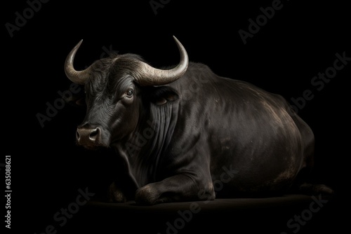 Solitary black bull on plain background. Generative AI