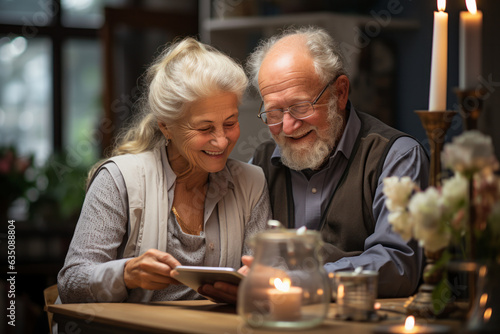 senior couple using device