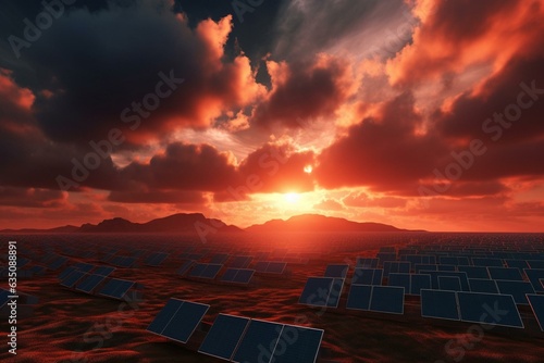 A 3D rendered solar panel farm below crimson clouds. Generative AI