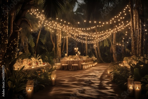 lavish wedding celebration venue outdoors: long tables and many fairy lights hanging from the ceiling, evening