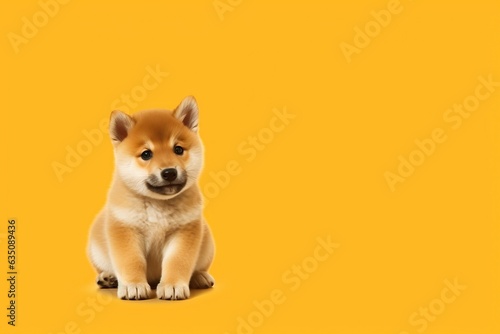 Cute Shiba Inu puppy on orange background with copy space