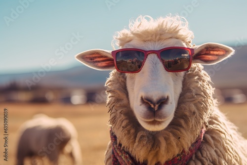 Unny sheep wearing sunglasses. ai generated.