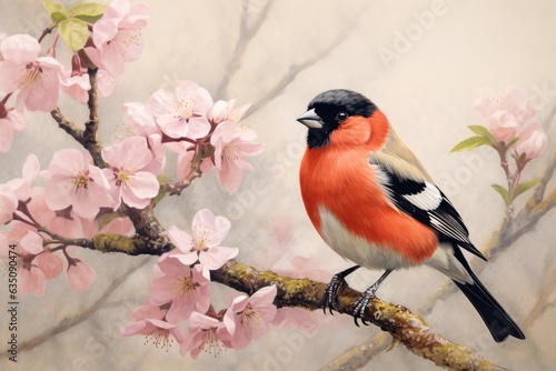 Puffy fluffy bullfinch witting on the tree with spring buds