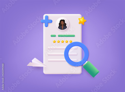CV and magnifying glass. Concept of professional staff recruitment, job application, hiring personnel, selection of candidates, employment. 3D Web Vector Illustrations.