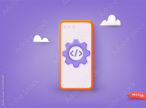 App Development. Smartphone interface building process, mobile app. 3D Web Vector Illustrations.