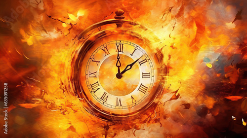 A captivating and thought-provoking representation of time's fragility through a clock engulfed in flames.
