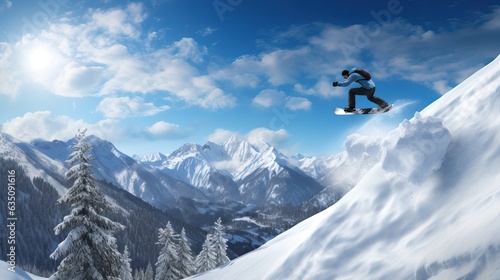 An action-packed shot of a snowboarder racing down a snowy mountain at high speed, showcasing agility, skill, and the thrill of winter sports. Generative AI