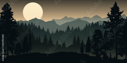 Vector illustration of a majestic mountain range with trees in silhouette against a sunset or sunrise sky. Scenery of adventure theme make it perfect for travel and tourism designs, hiking, camping © Tati. Dsgn