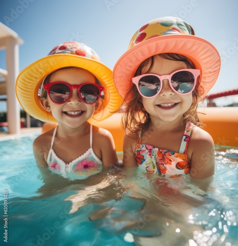 Portrait of happy children enjoying summertime at the pool. Sleek kid with sunglasses, perfect portrait of kids playing in the pool © aboutmomentsimages