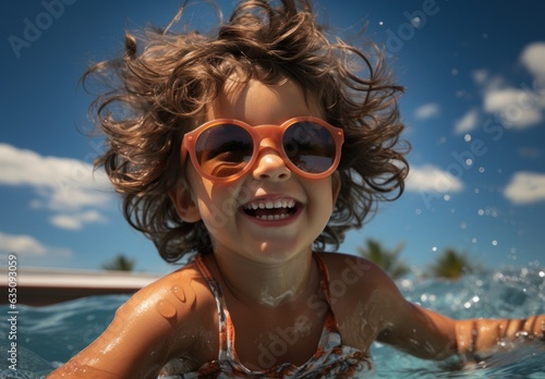 Portrait of happy children enjoying summertime at the pool. Sleek kid with sunglasses, perfect portrait of kids playing in the pool