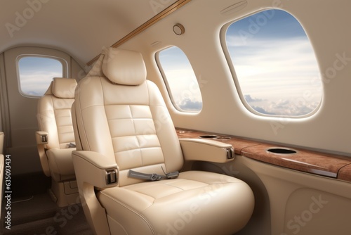 Luxury business jet plane airplane private jet empty interior during flight fast bright luxurious seat leather chair materials windows glass wealth journey flying evening landing style stylish design © Yuliia