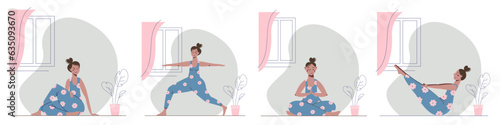 Vector set of young women in floral overalls doing yoga at home. Cute cartoon girl in a different yoga asana.