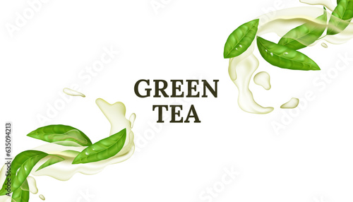 Promotion banner of Refreshing green tea leaf in 3D liquid motion. Vector illustration of transparent splash with mint aroma. Organic herbal beverage concept
