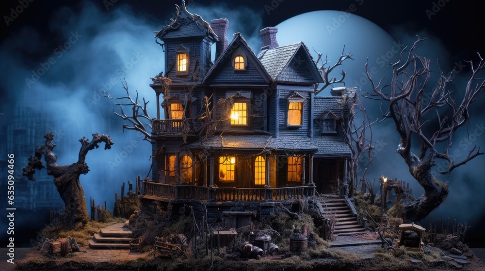 Miniature haunted house diorama with spooky details. Halloween concept - obrazy, fototapety, plakaty 