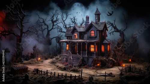 Miniature haunted house diorama with spooky details. Halloween concept