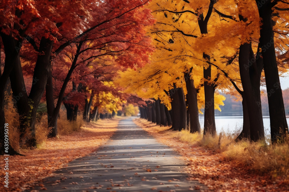 Serene Pathway, A Picturesque Autumn Stroll through a Fall Landscape