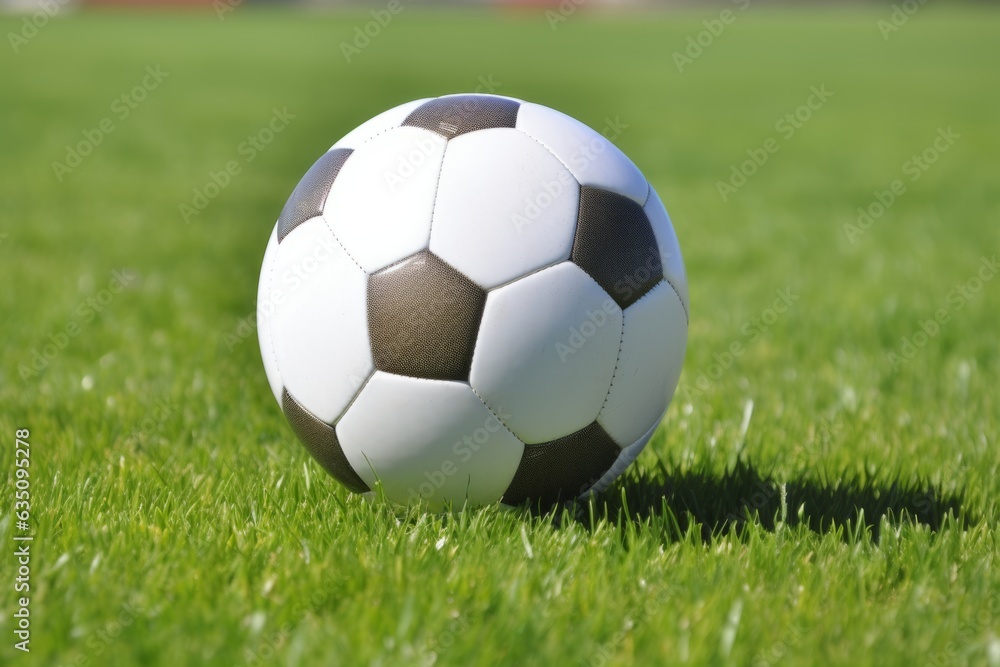 Fototapeta premium Soccer ball on ground grass stadium football game sport competition event championship match artificial green grass lawn grassy field outdoors calm empty sports ball isolated close-up background