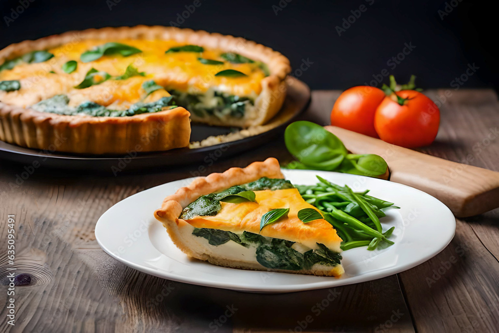 Spinach quiche on a neutral background created by AI
