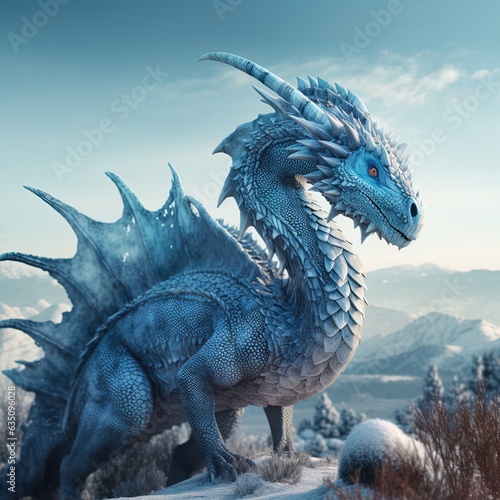 Calm medieval blue dragon on snow-covered mountain cliffs against the backdrop of a winter valley.