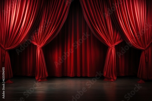 Fototapeta scene background, red curtain on stage of theater or cinema slightly ajar