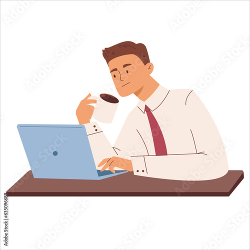 Concentrated worker sitting at table with laptop and cup of coffee