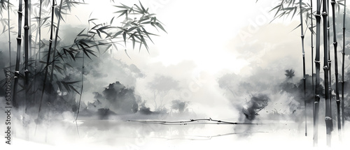 Slika na platnu Japanese ink painting of a bamboo texture, double-exposure