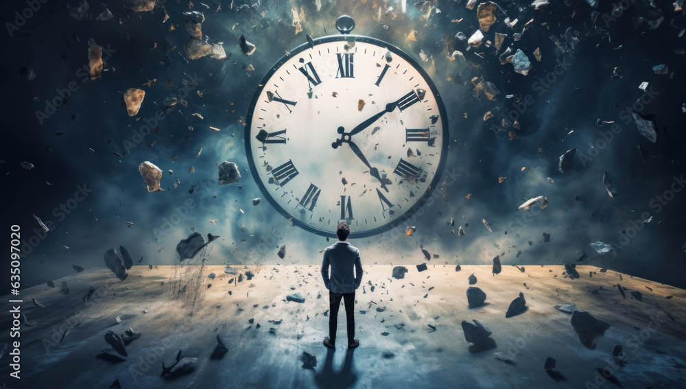 Navigating chaos. A man stands amidst the ticking clock, balancing success, time management, and the path to achieving business excellence. - obrazy, fototapety, plakaty 