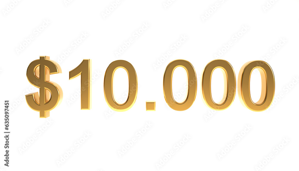 Ten thousand dollars with gold texture and 3D number symbol. - obrazy, fototapety, plakaty 