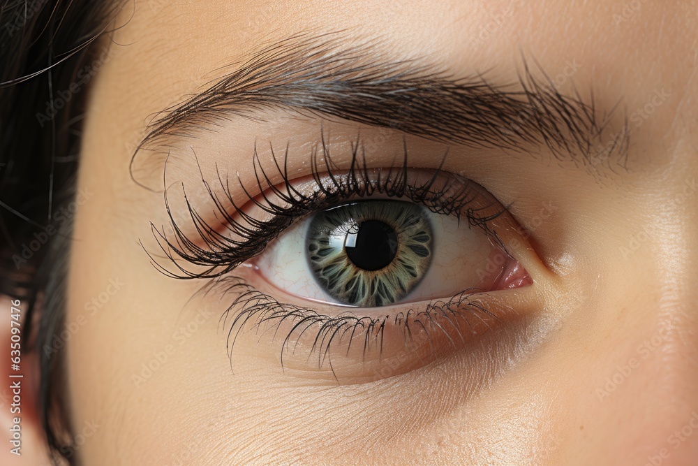 Fototapeta premium Beautiful human eye and eyebrow, close up on face of young girl