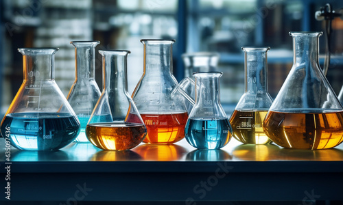laboratory glassware on a table, laboratory glassware with liquid, laboratory glassware and tubes, 