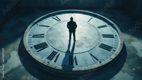 Time mastery in business. A confident businessman stands atop a clock, symbolizing success through effective time management and strategic planning.