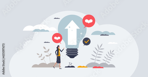 Positive thinking and optimistic attitude mindset tiny person concept. Love your life to be happy and get mental wellness vector illustration. Personal improvement and growth after inspirational idea