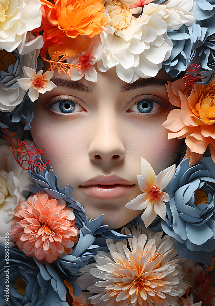 Beauty model young female face in beautiful pastel colors flowers, woman and flowers art photography.