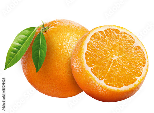 composição de laranja inteira com folha e laranja cortada isolado em fundo transparente