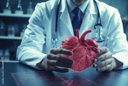 Cardiologist, surgeon in a white coat, holding a heart in his hands photo