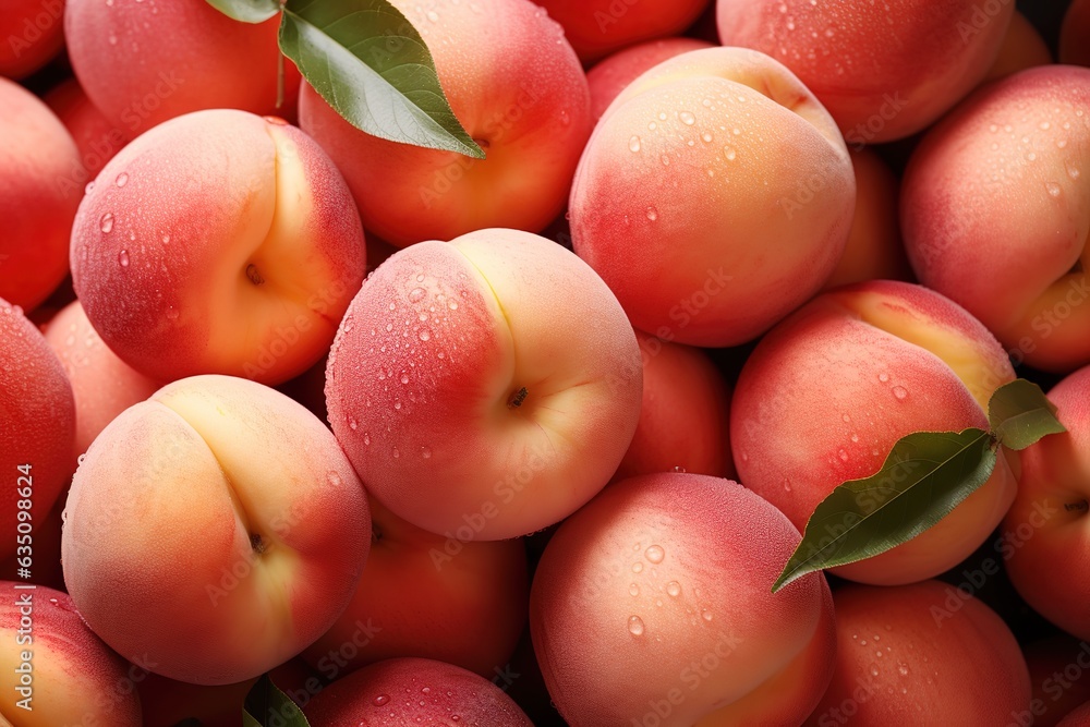 Bunch of fresh tasty ripe peaches and leaves. Fruit textured background Bunch of fresh tasty ripe peaches and leaves. Fruit textured background