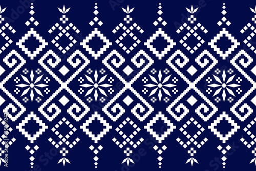 Indigo navy blue geometric traditional ethnic pattern Ikat seamless pattern border abstract design for fabric print cloth dress carpet curtains and sarong Aztec African Indian Indonesian 